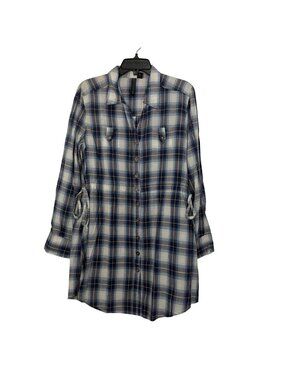 Nine West Jeans Women Blue Plaid Button-Up Tunic Dress Size M Roll Tab Sleeves